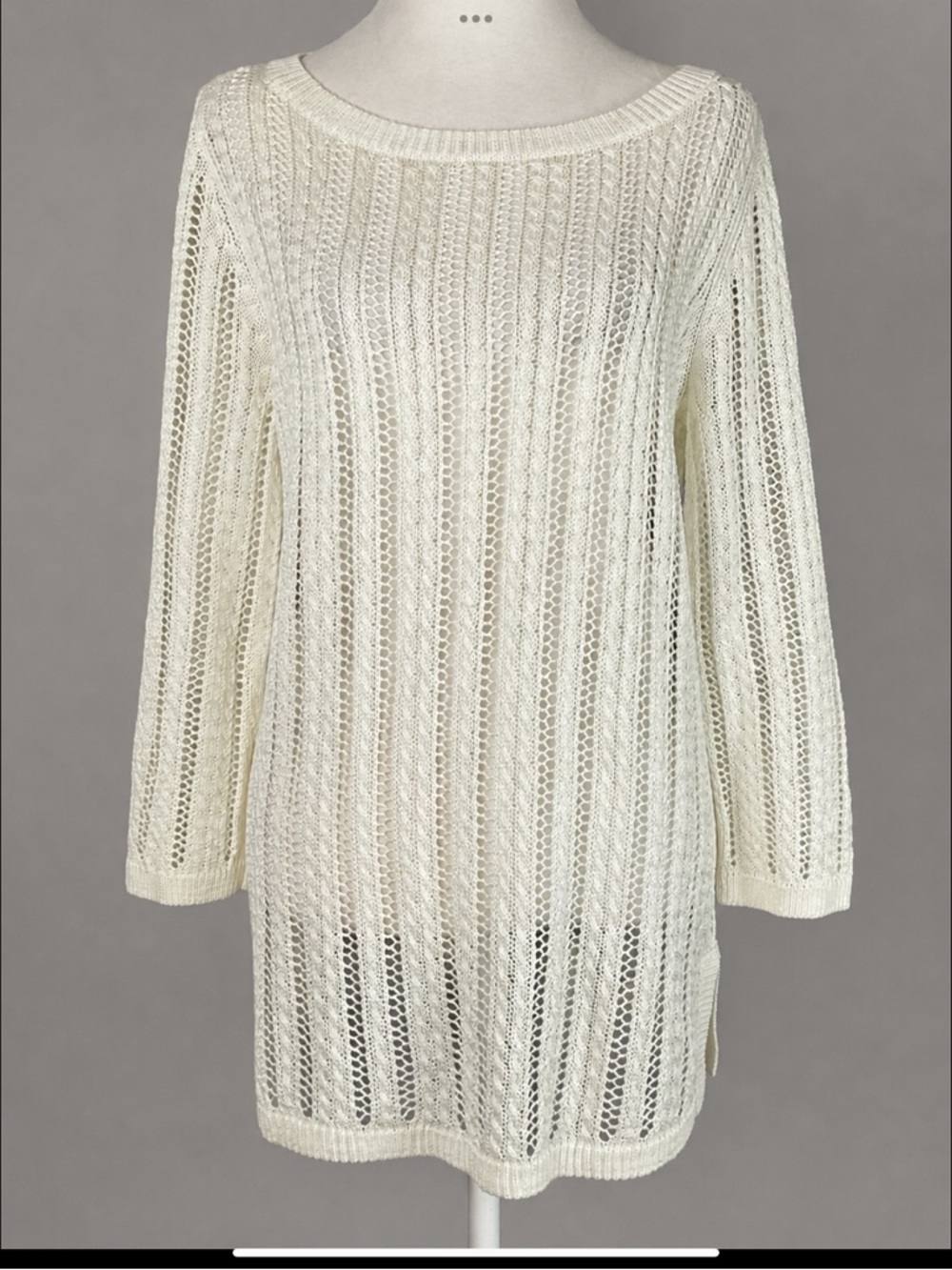 Talbots Linen Blend Open Knit Tunic Sweater Ivory Small Coastal